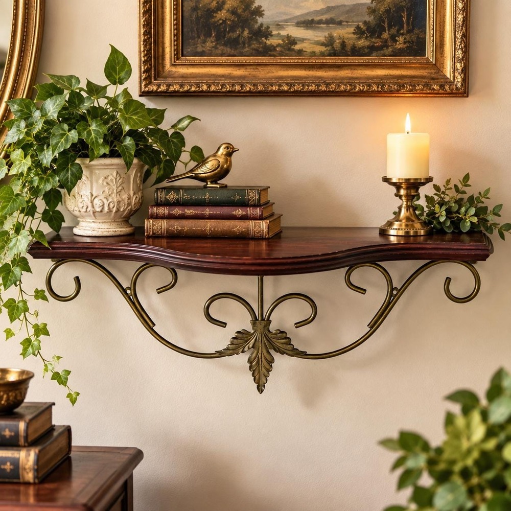 Vintage Wood Wall Shelf Brass Scrollwork Leaf Motif Traditional Display Shelf